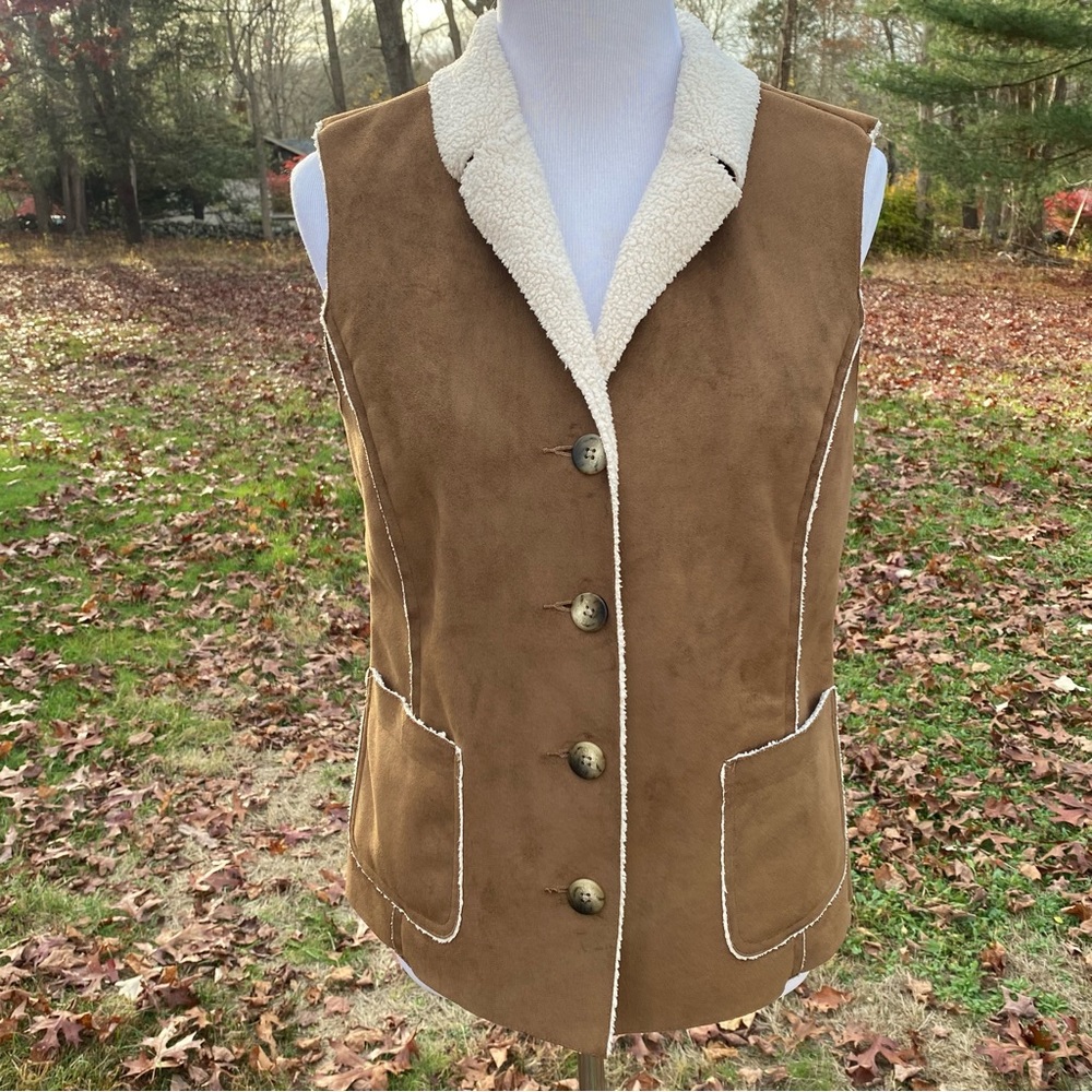 L.L. BEAN VEST JACKET COAT BROWN FAUX SHEARLING SUEDE CREAM LINING SIZE LP